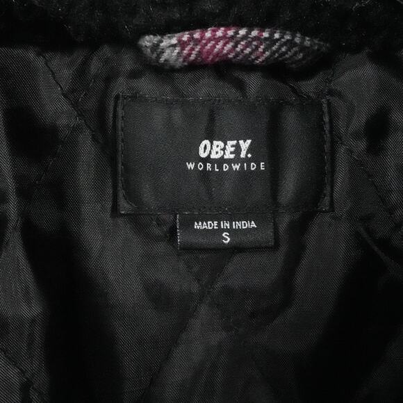 Obey Jacket Mens Small Black Gray Red Plaid Sherpa Collar Flannel Lined Workwear - Picture 3 of 12